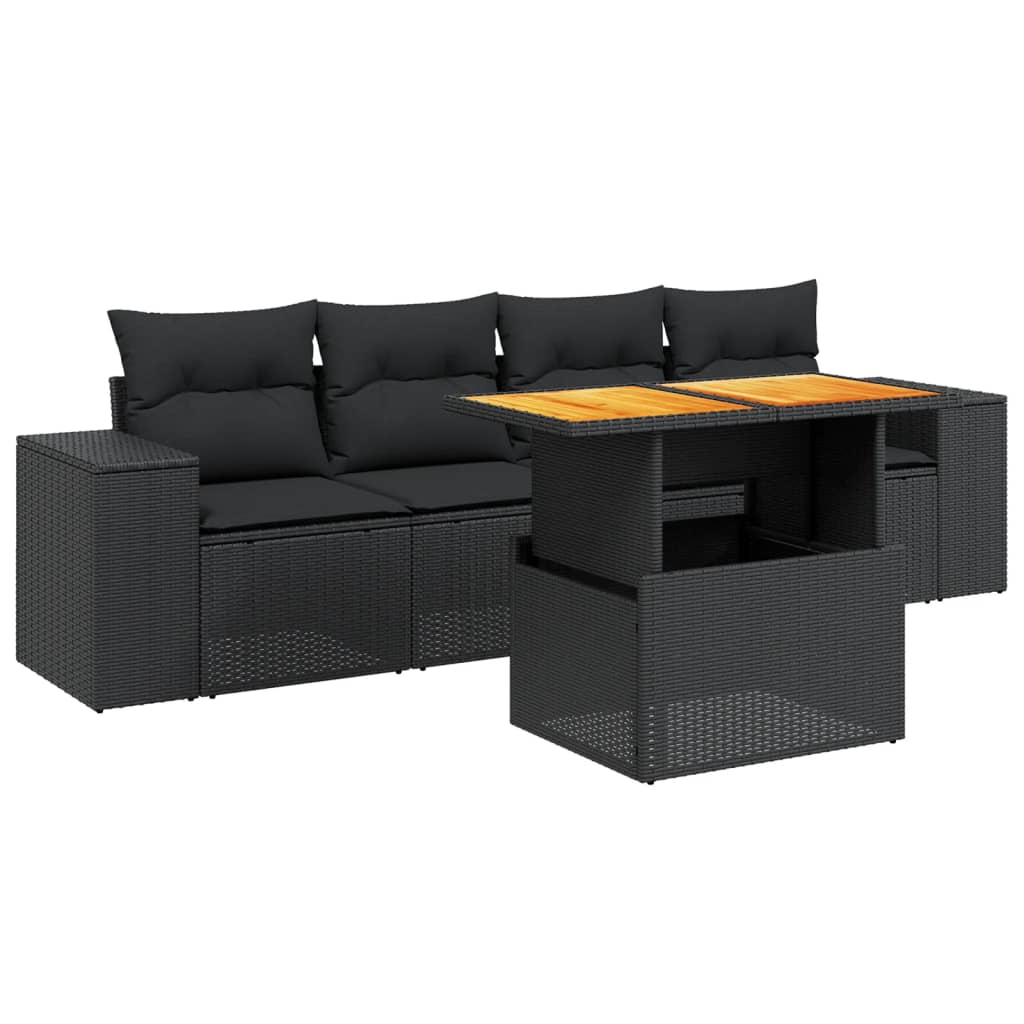 Salon de jardin 5 pcs avec coussins noir résine tressée
