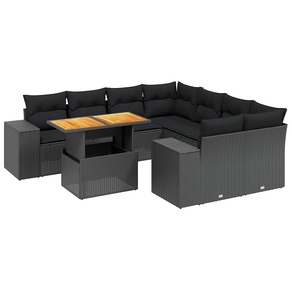 Salon de jardin 9 pcs avec coussins noir résine tressée