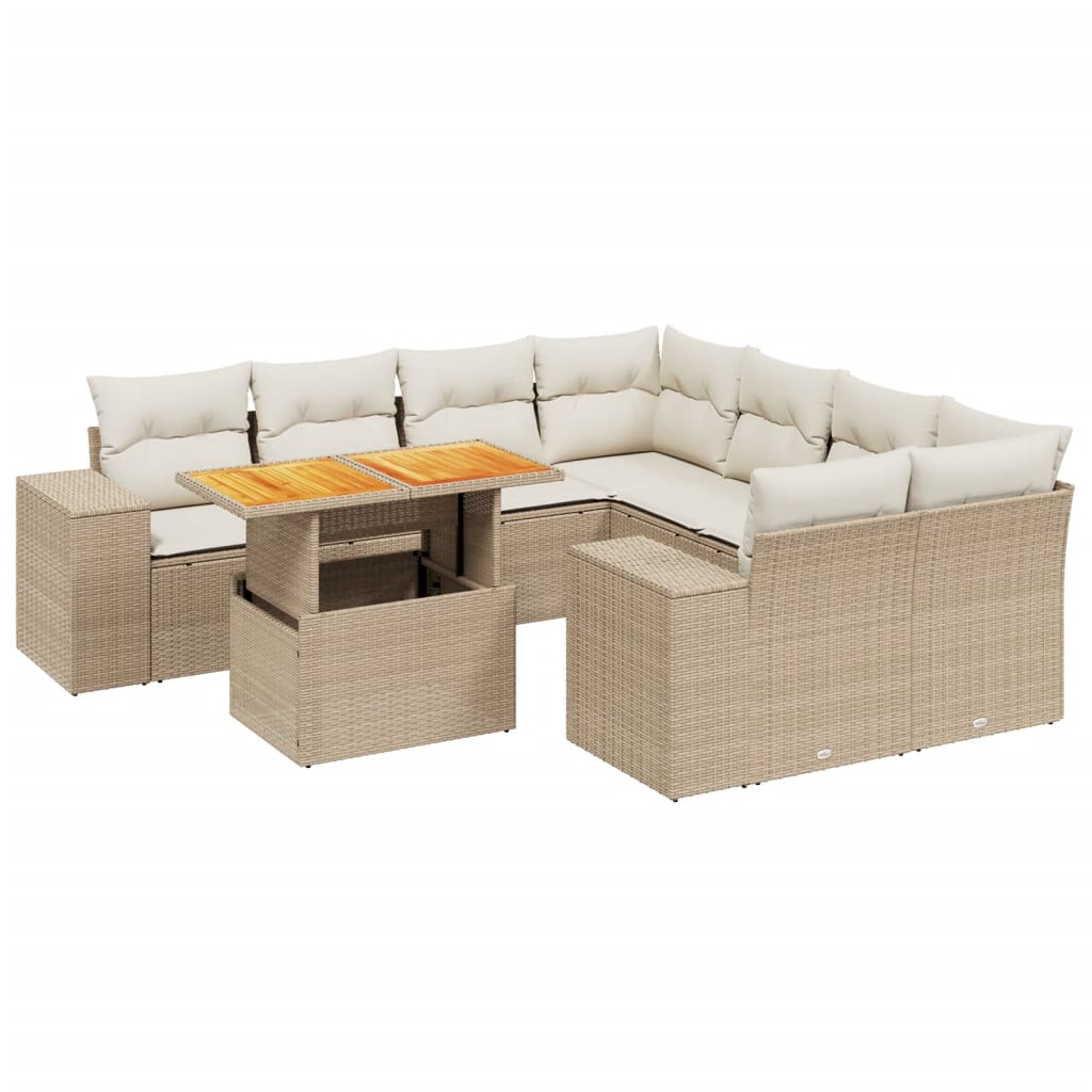 Salon de jardin avec coussins 9 pcs beige résine tressée