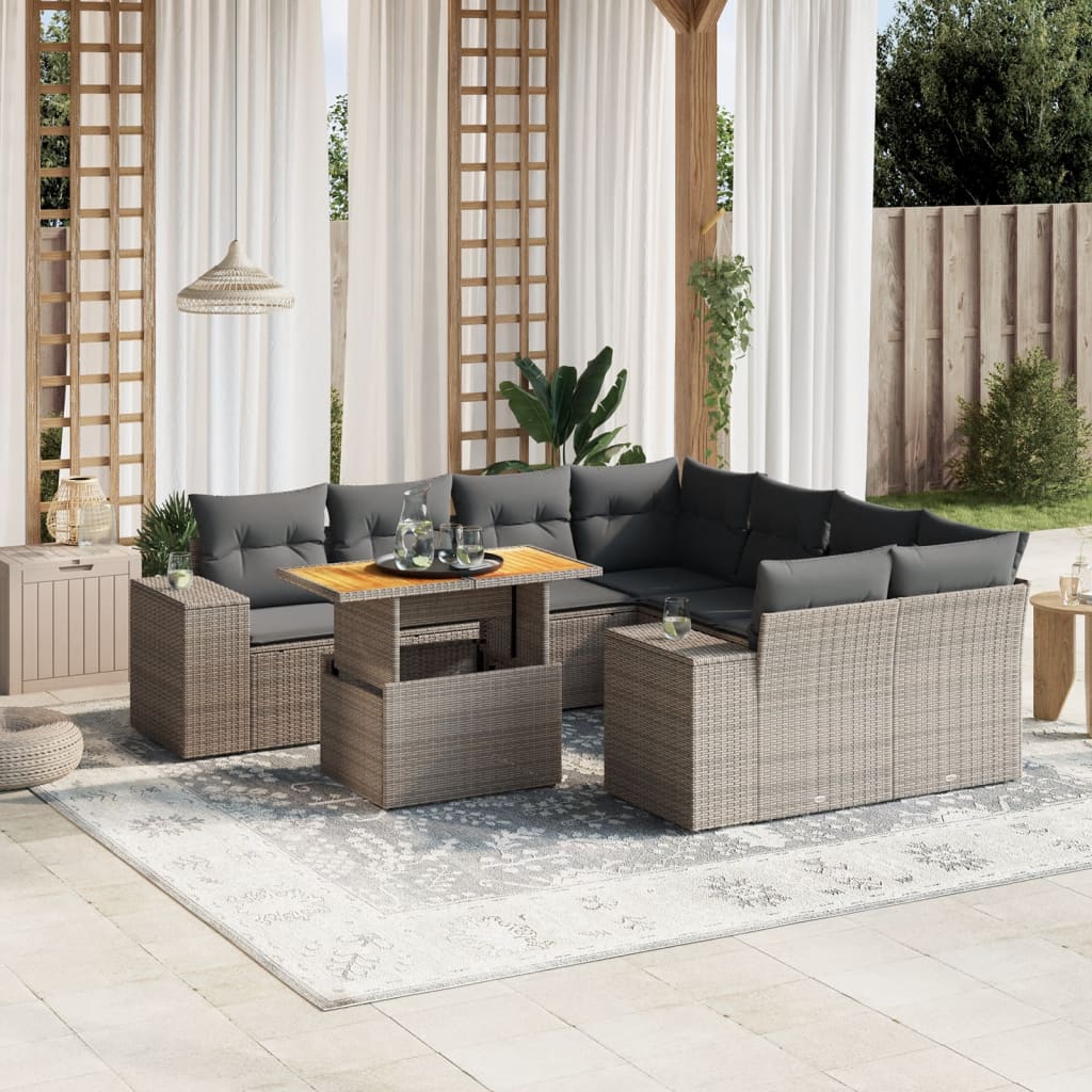 Salon de jardin 9 pcs avec coussins gris résine tressée