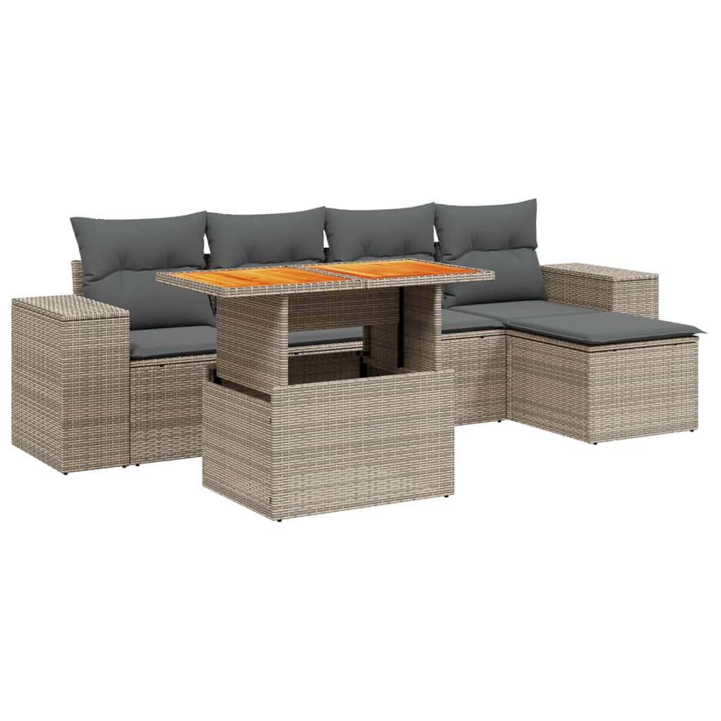 Salon de jardin 6 pcs avec coussins gris résine tressée