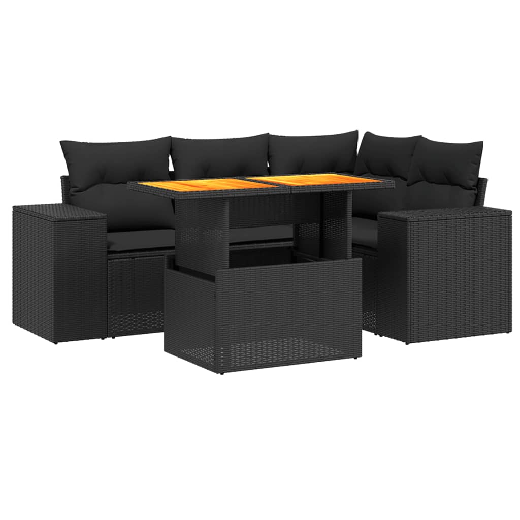 Salon de jardin 5 pcs avec coussins noir résine tressée