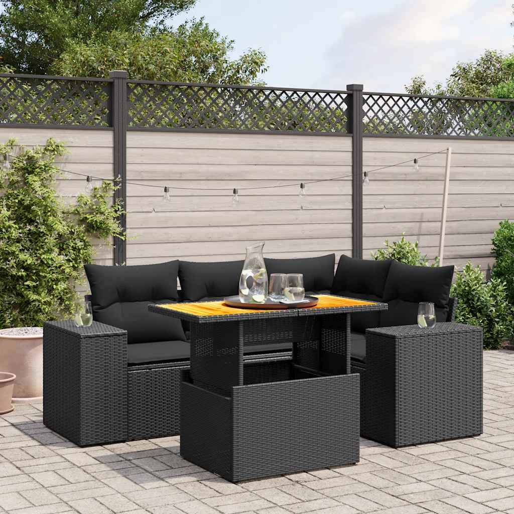 Salon de jardin 5 pcs avec coussins noir résine tressée