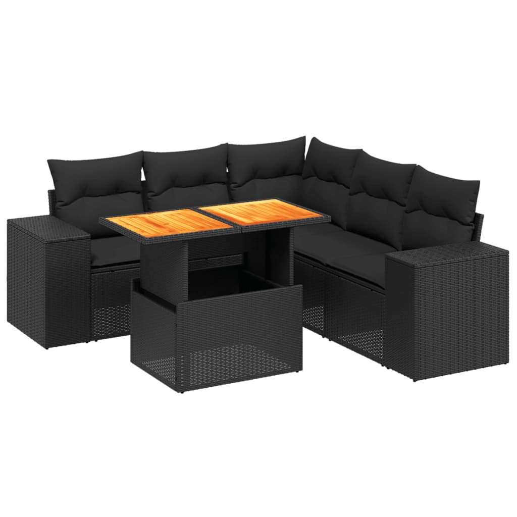 Salon de jardin 6 pcs avec coussins noir résine tressée