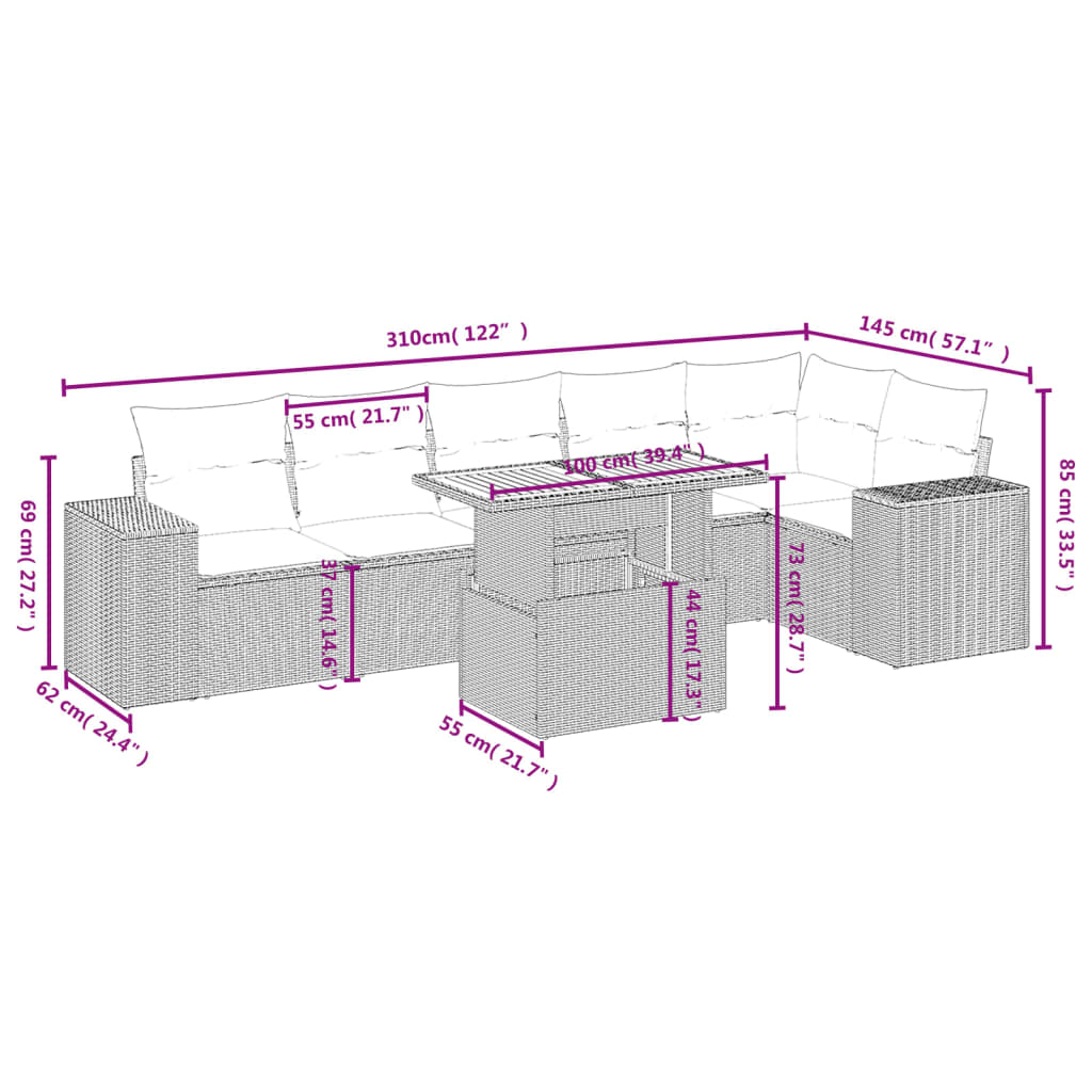 Salon de jardin avec coussins 7 pcs gris résine tressée