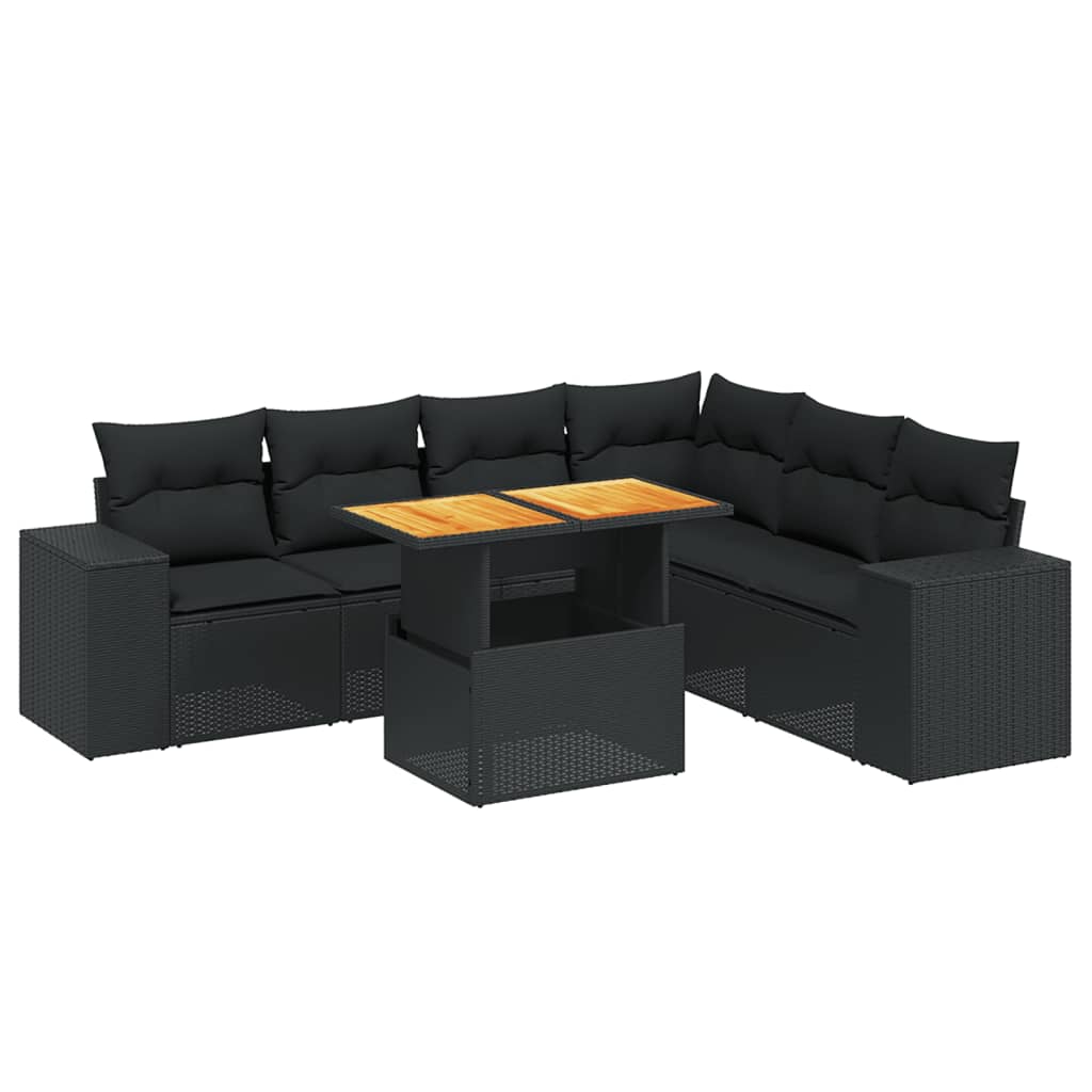 Salon de jardin 7 pcs avec coussins noir résine tressée