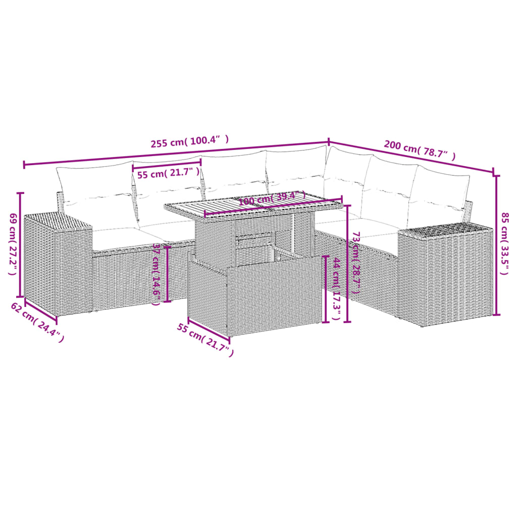 Salon de jardin avec coussins 7 pcs beige résine tressée