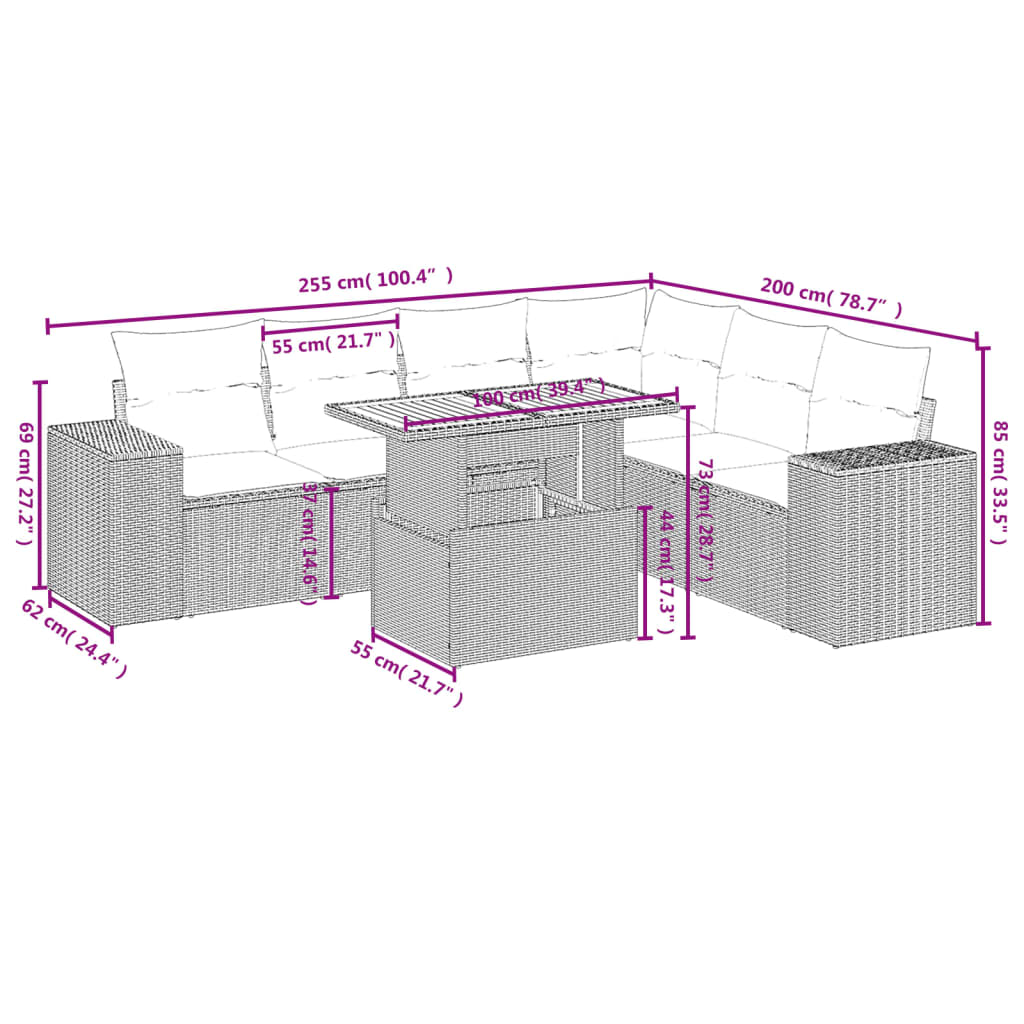 Salon de jardin avec coussins 7 pcs gris résine tressée