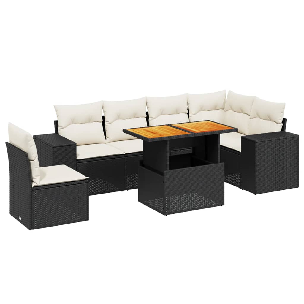Salon de jardin 7 pcs avec coussins noir résine tressée