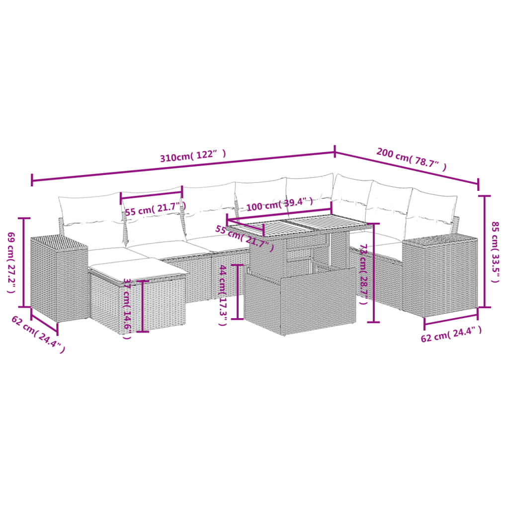 Salon de jardin avec coussins 9 pcs beige résine tressée