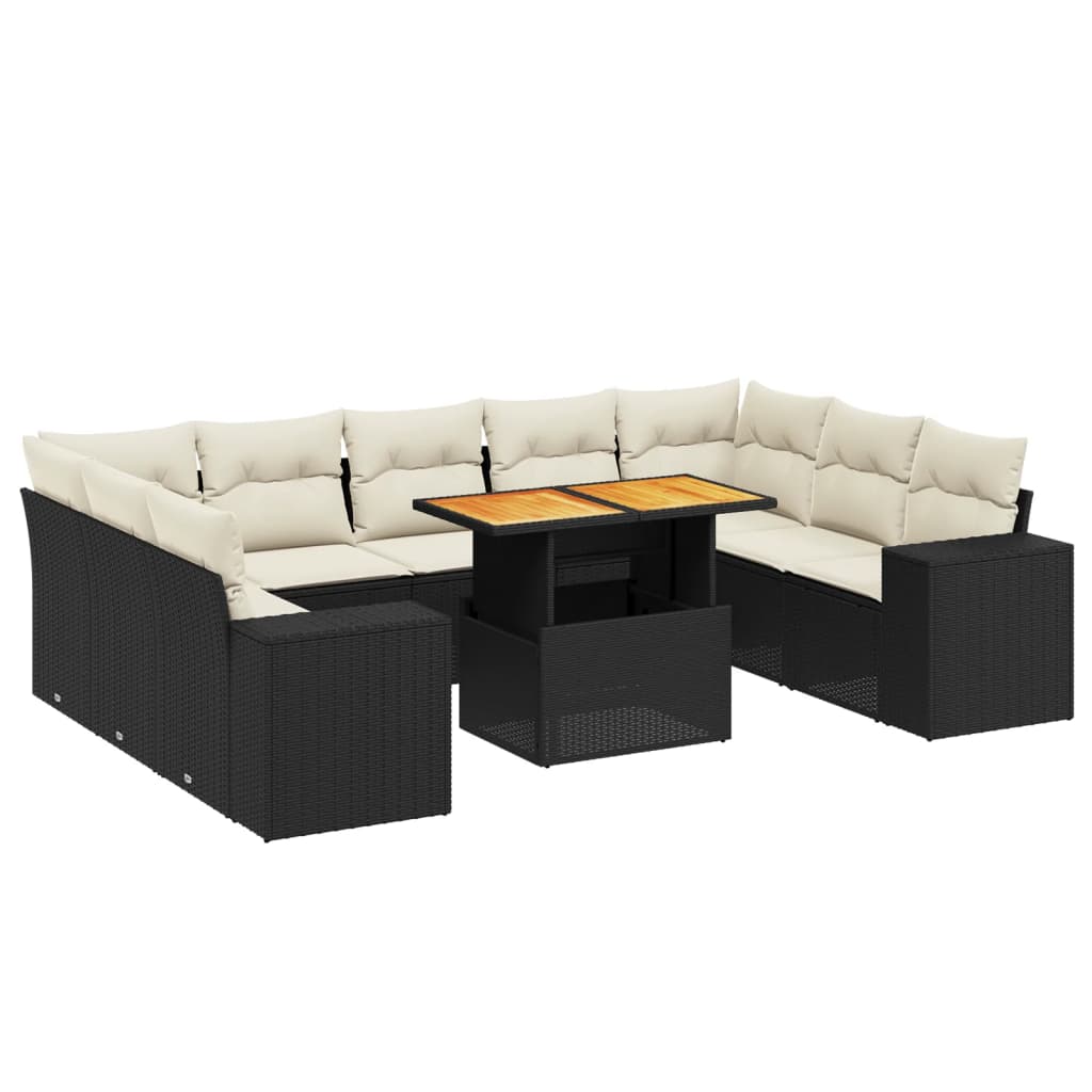 Salon de jardin 10 pcs avec coussins noir résine tressée