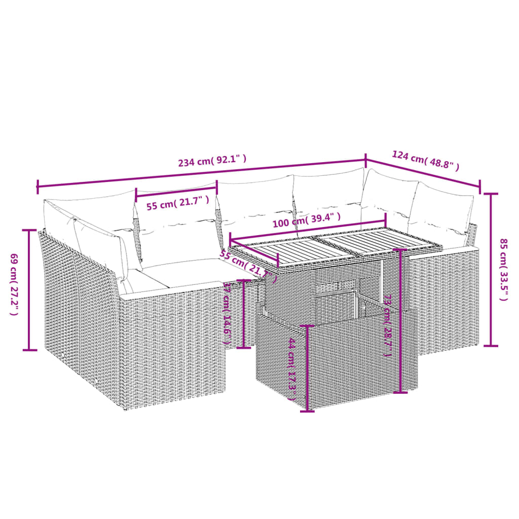 Salon de jardin avec coussins 7 pcs gris résine tressée