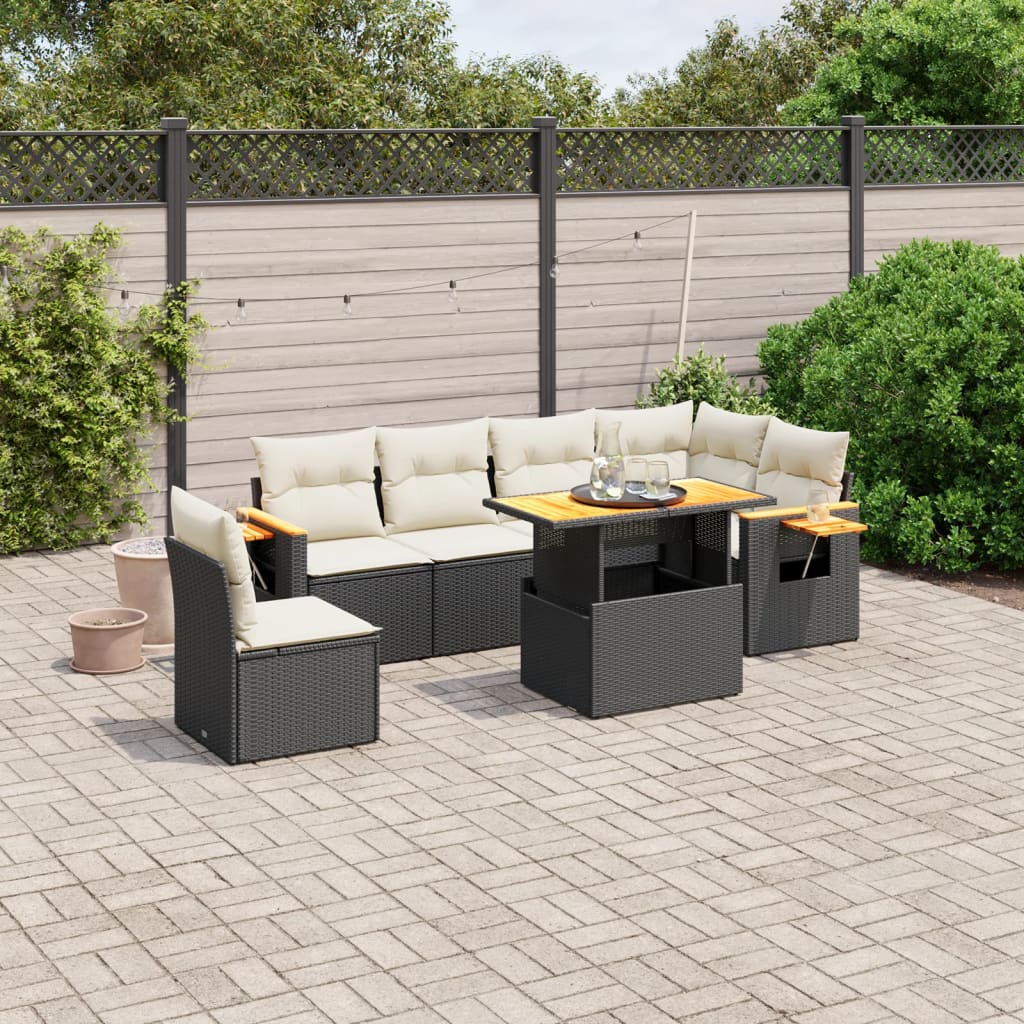Salon de jardin 7 pcs avec coussins noir résine tressée