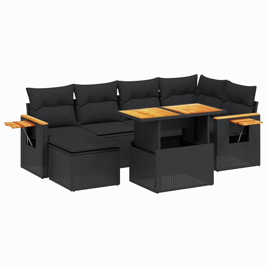 Salon de jardin 7 pcs avec coussins noir résine tressée