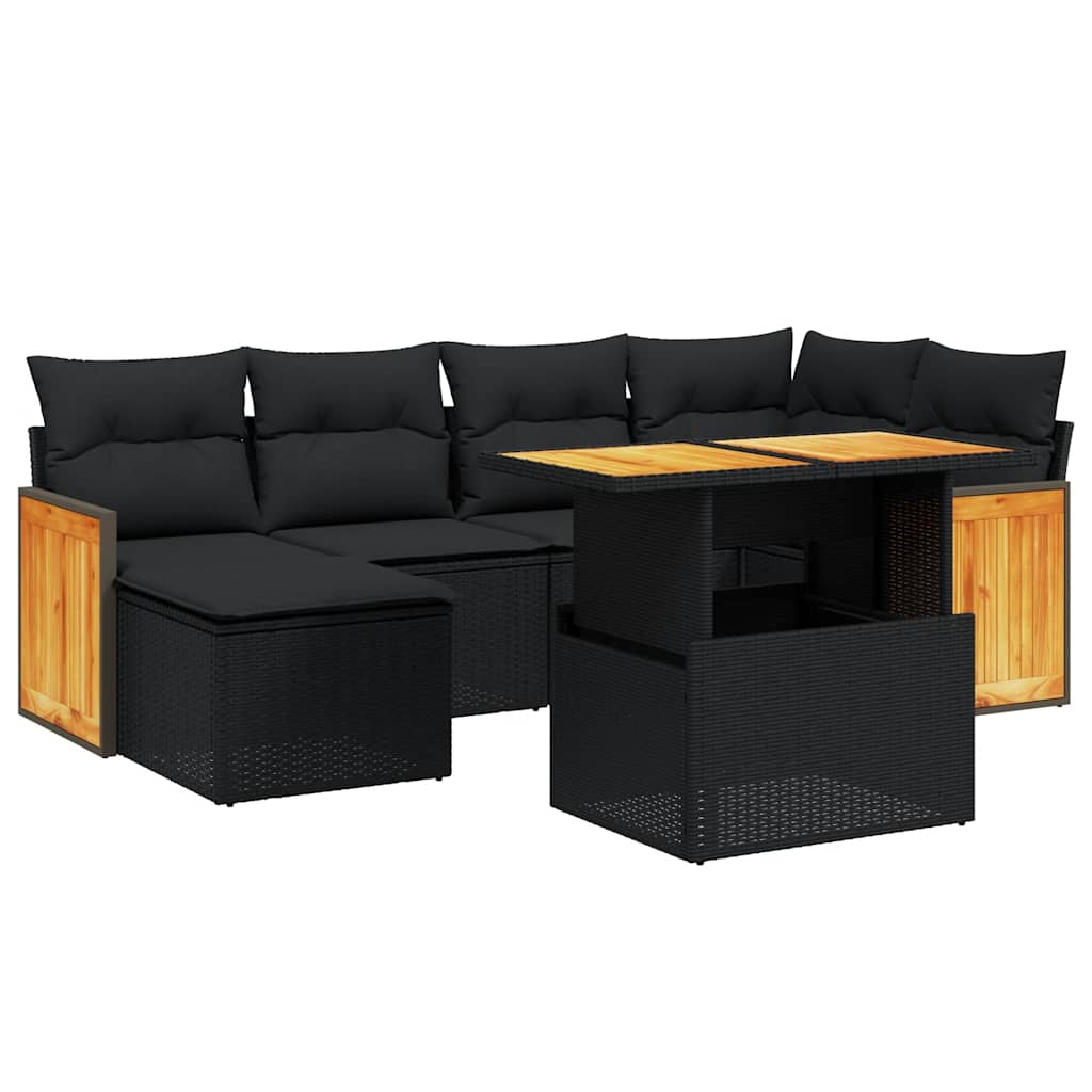 Salon de jardin 7 pcs avec coussins noir résine tressée