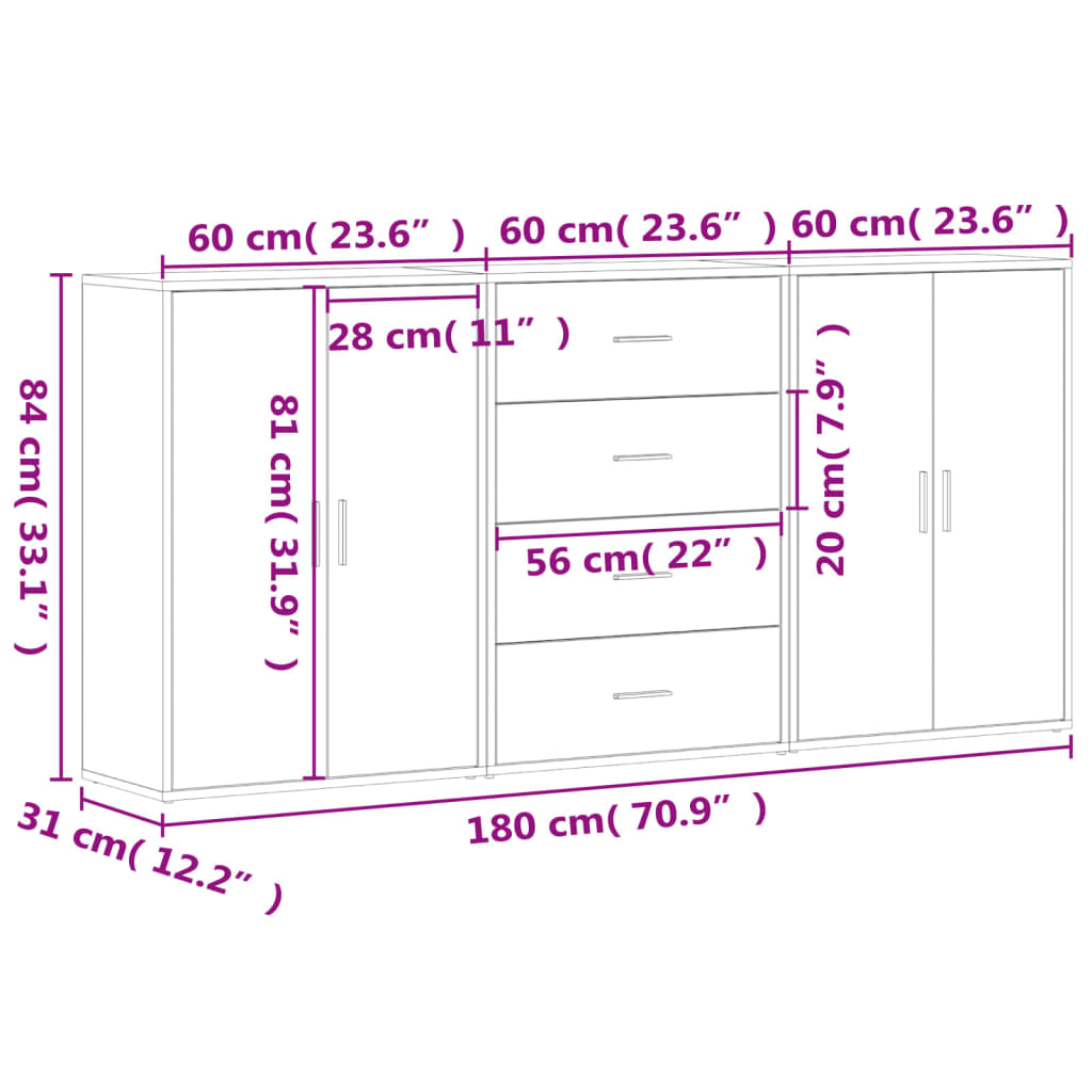 Buffets 3 pcs gris béton 60x31x84 cm bois d'ingénierie - XIOS
