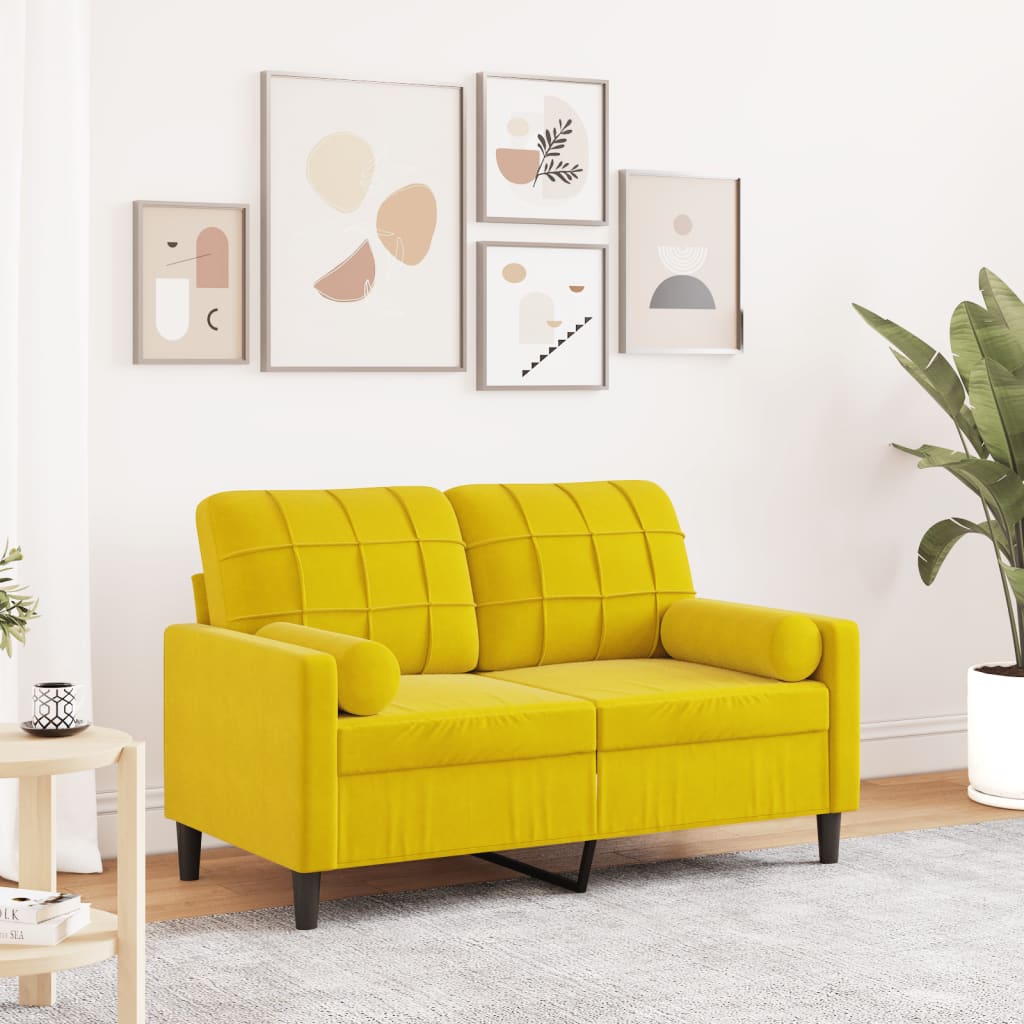 Canapé 2 places avec oreillers décoratifs jaune 120 cm velours - XIOS
