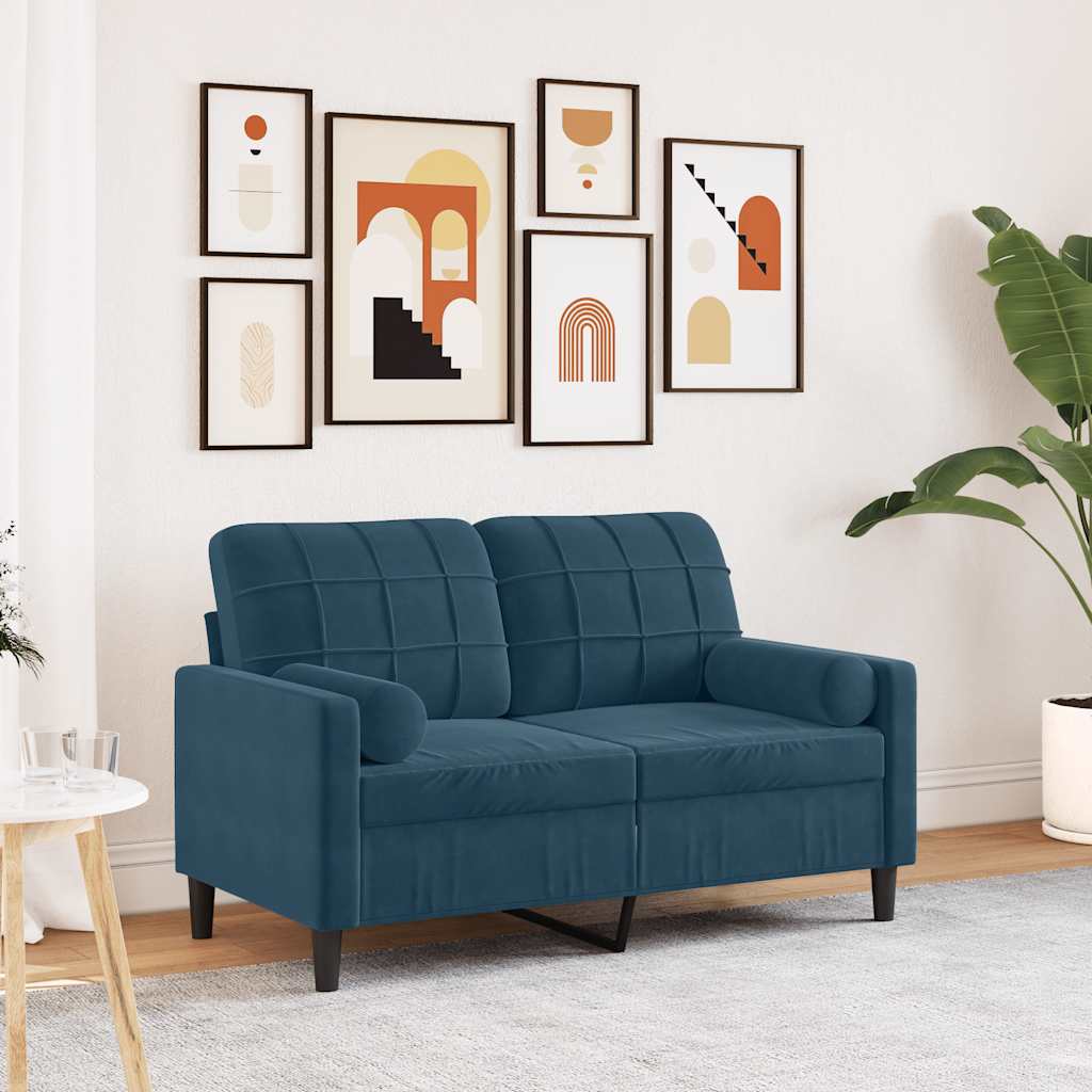 Canapé 2 places avec oreillers décoratifs bleu 120 cm velours - XIOS