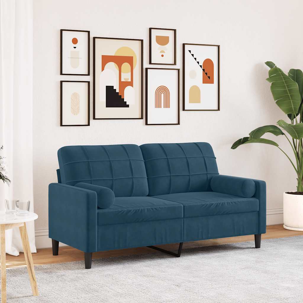 Canapé 2 places avec oreillers décoratifs bleu 140 cm velours - XIOS