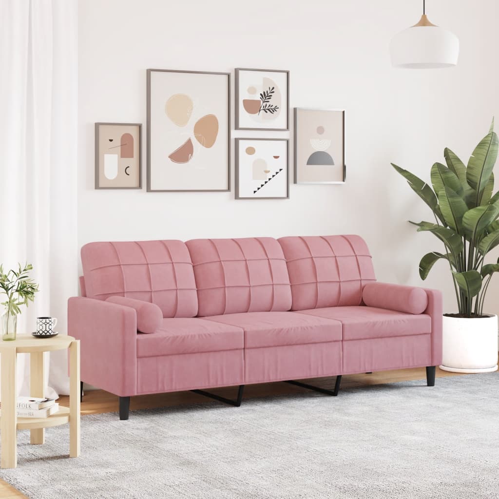 Canapé 3 places avec oreillers décoratifs rose 180 cm velours - XIOS