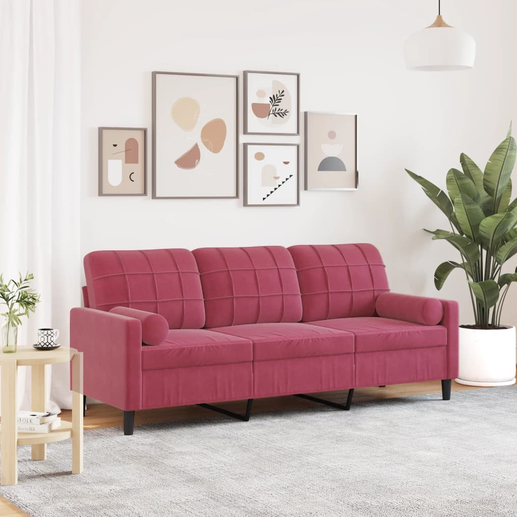 Canapé 3 places avec oreillers bordeaux 180 cm velours - XIOS