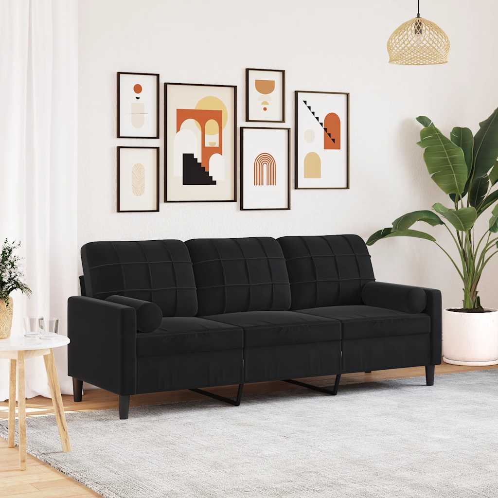 Canapé 3 places avec oreillers décoratifs noir 180 cm velours - XIOS