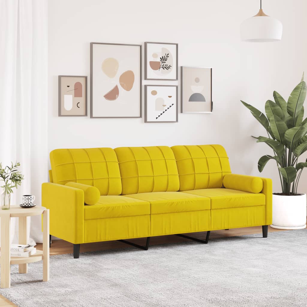 Canapé 3 places avec oreillers décoratifs jaune 180 cm velours - XIOS