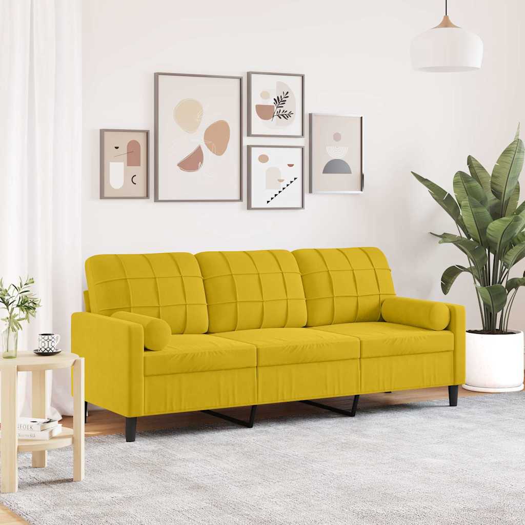 Canapé 3 places avec oreillers décoratifs jaune 180 cm velours - XIOS