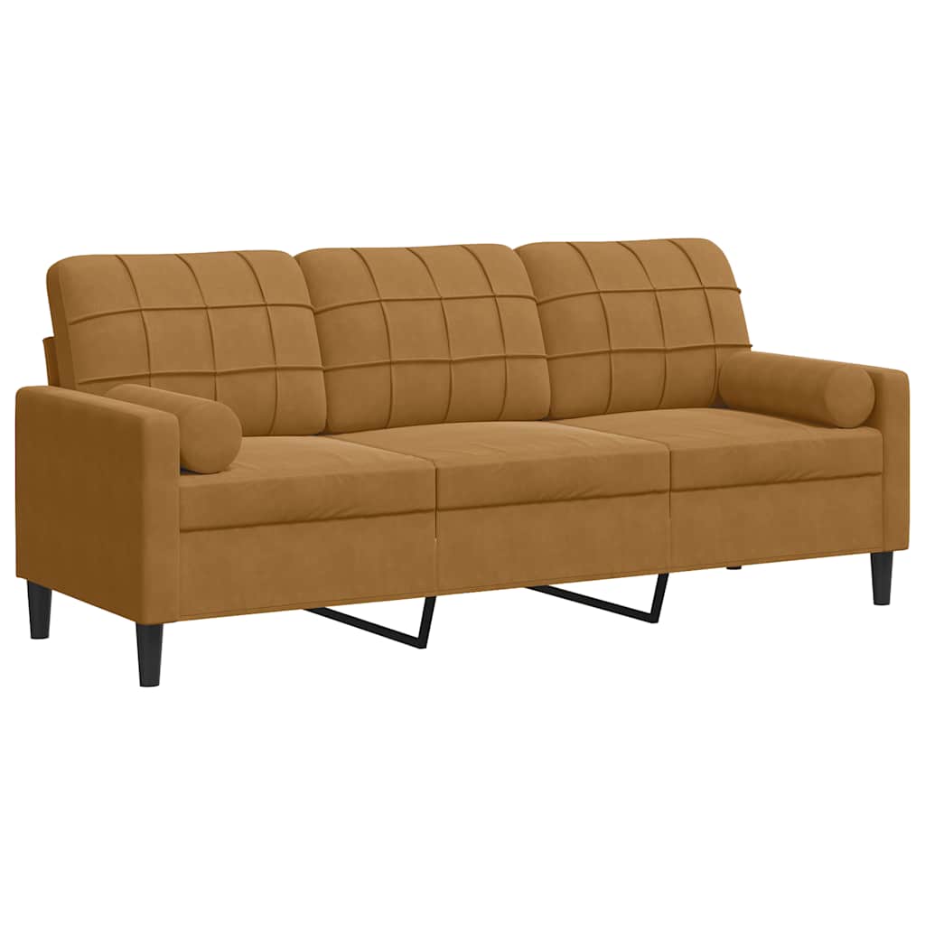 Canapé 3 places avec oreillers décoratifs marron 180 cm velours - XIOS
