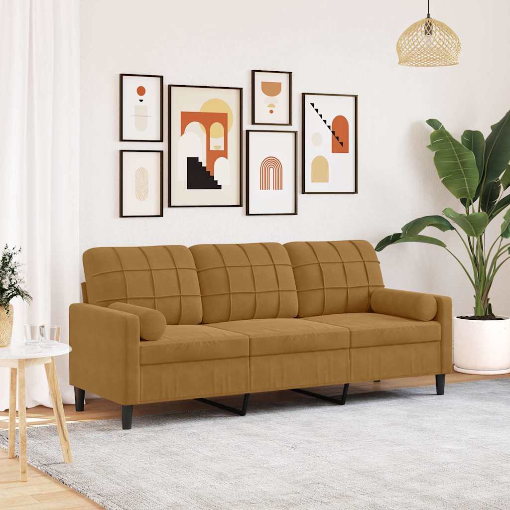 Canapé 3 places avec oreillers décoratifs marron 180 cm velours - XIOS