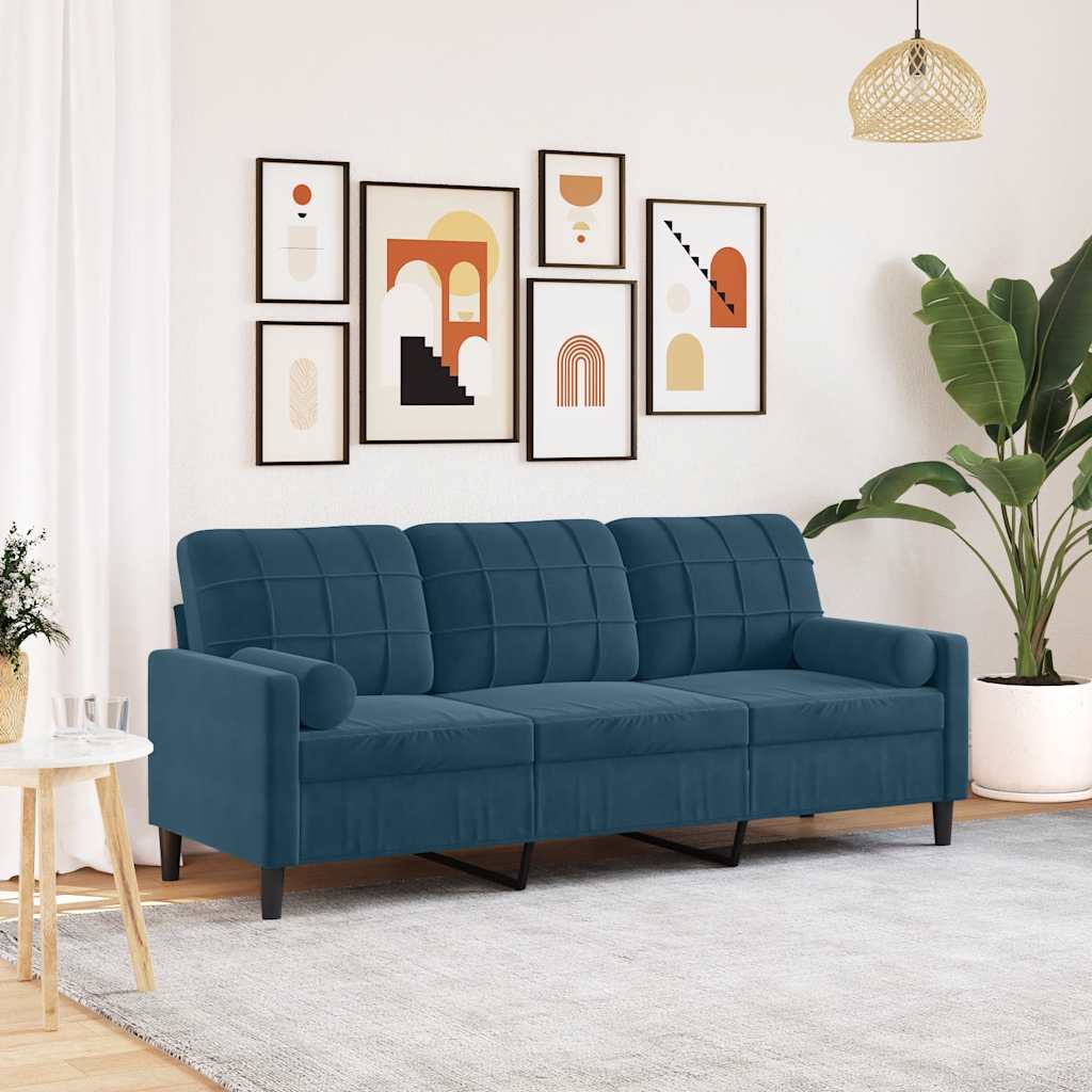Canapé 3 places avec oreillers décoratifs bleu 180 cm velours - XIOS
