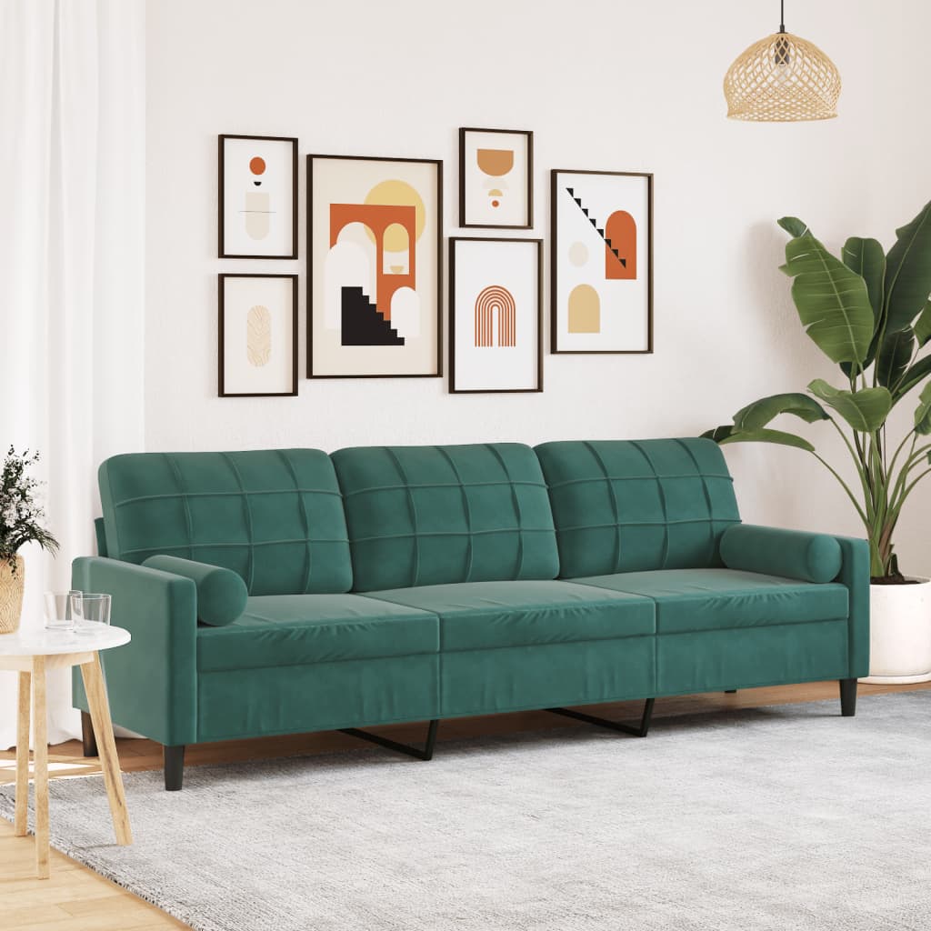 Canapé 3 places avec oreillers vert foncé 210 cm velours - XIOS