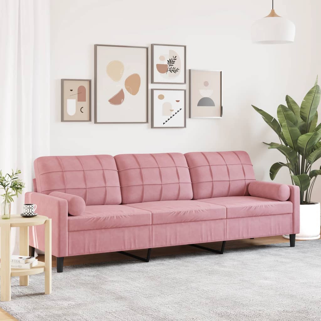 Canapé 3 places avec oreillers décoratifs rose 210 cm velours - XIOS