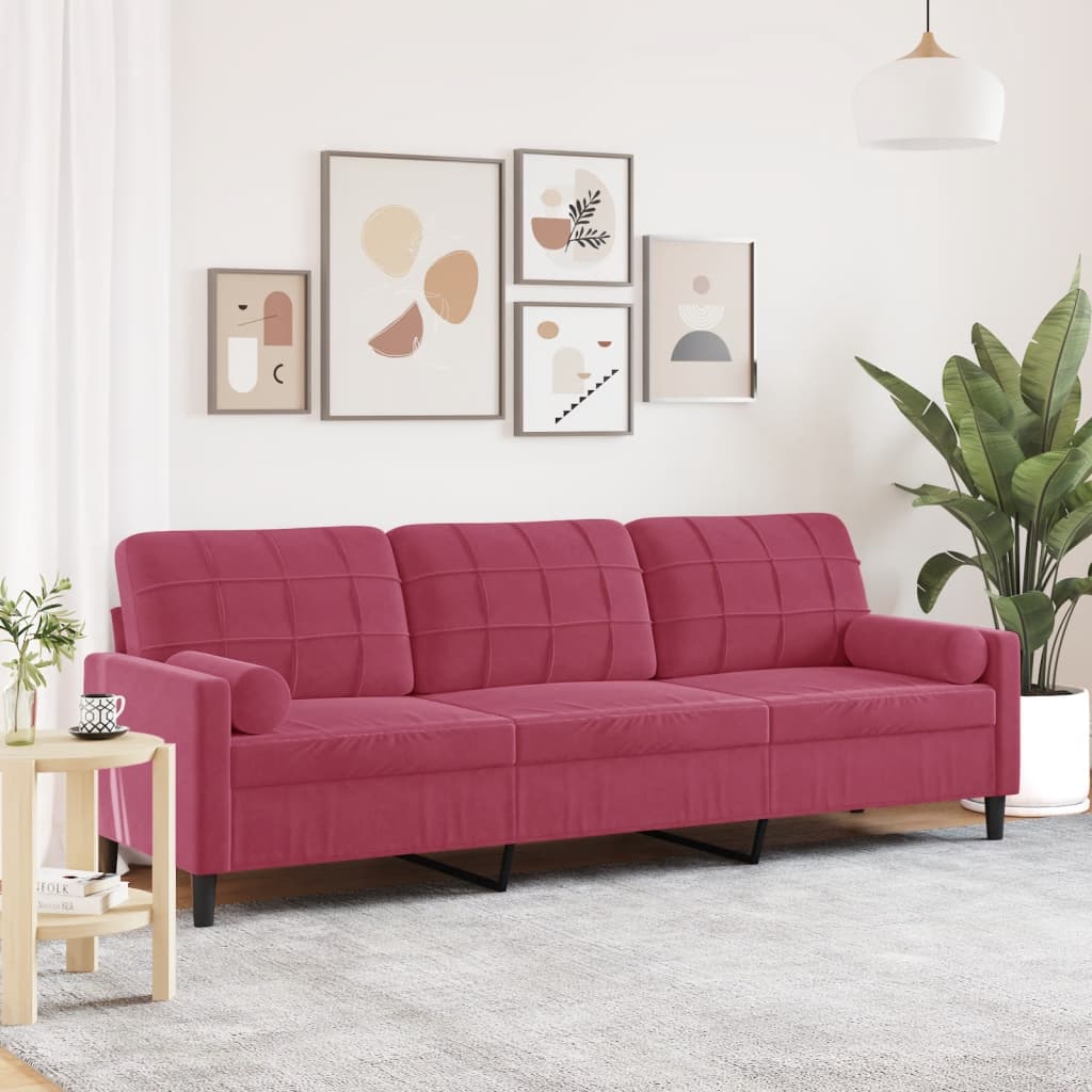 Canapé 3 places avec oreillers bordeaux 210 cm velours - XIOS