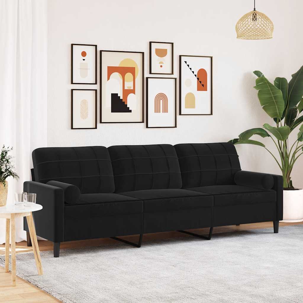 Canapé 3 places avec oreillers décoratifs noir 210 cm velours - XIOS