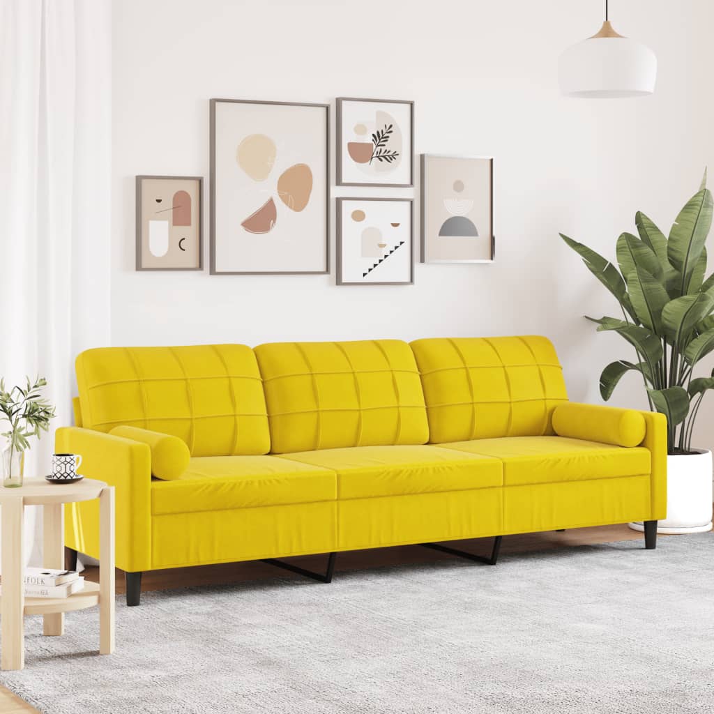 Canapé 3 places avec oreillers décoratifs jaune 210 cm velours - XIOS