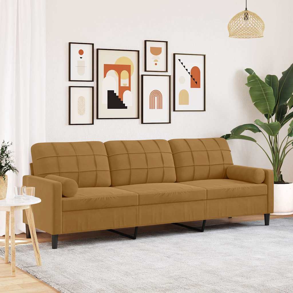 Canapé 3 places avec oreillers décoratifs marron 210 cm velours - XIOS