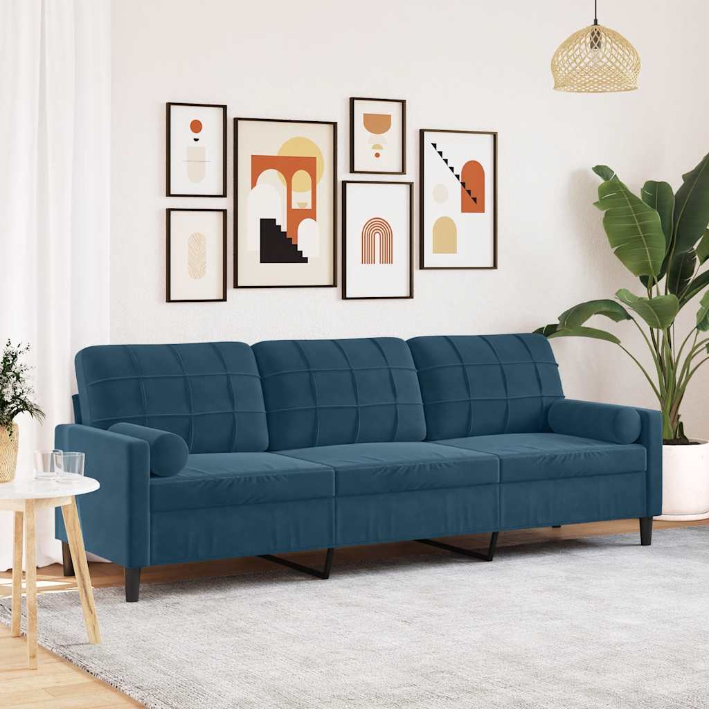 Canapé 3 places avec oreillers décoratifs bleu 210 cm velours - XIOS