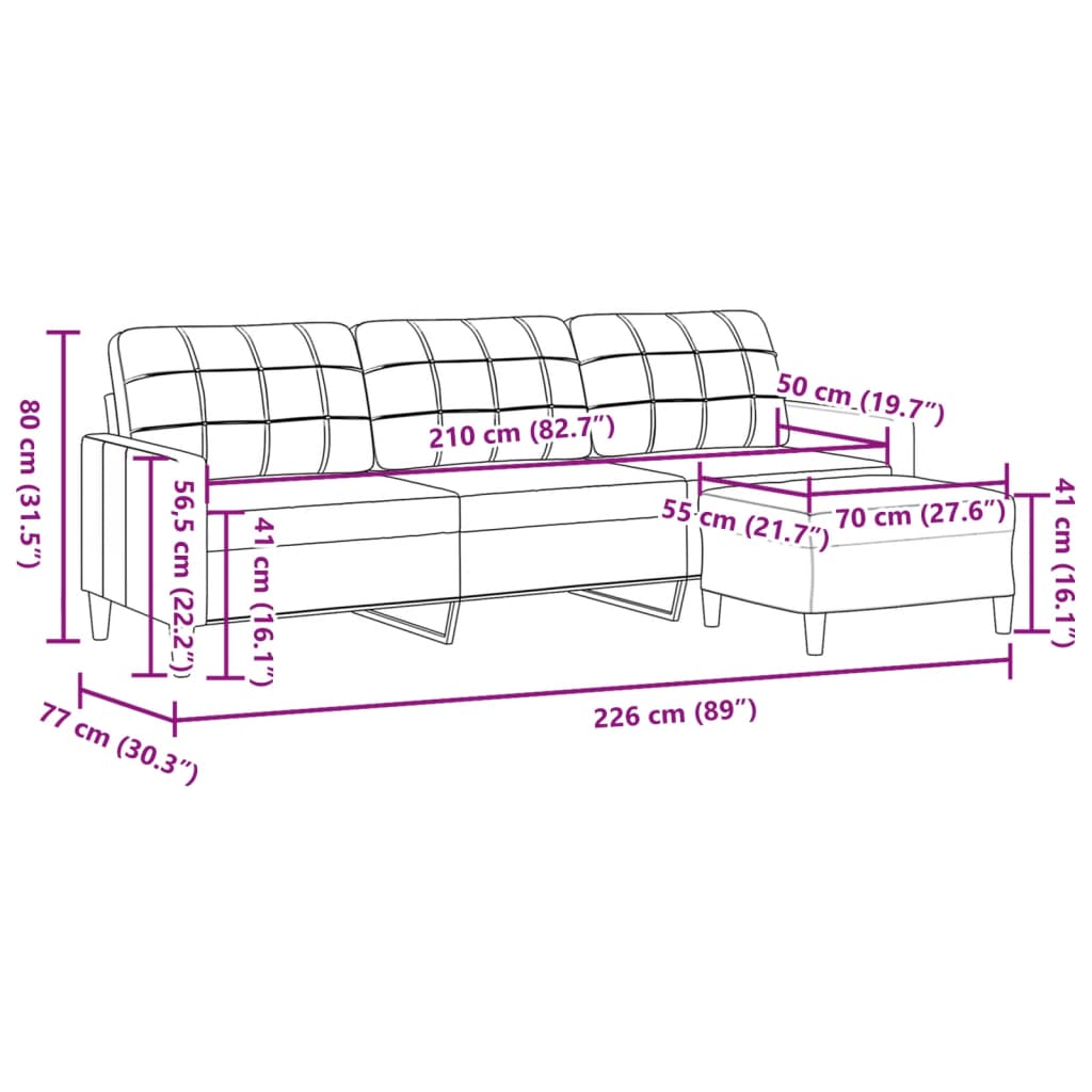 Canapé à 3 places avec repose-pieds Rouge bordeaux 210 cm Tissu - XIOS