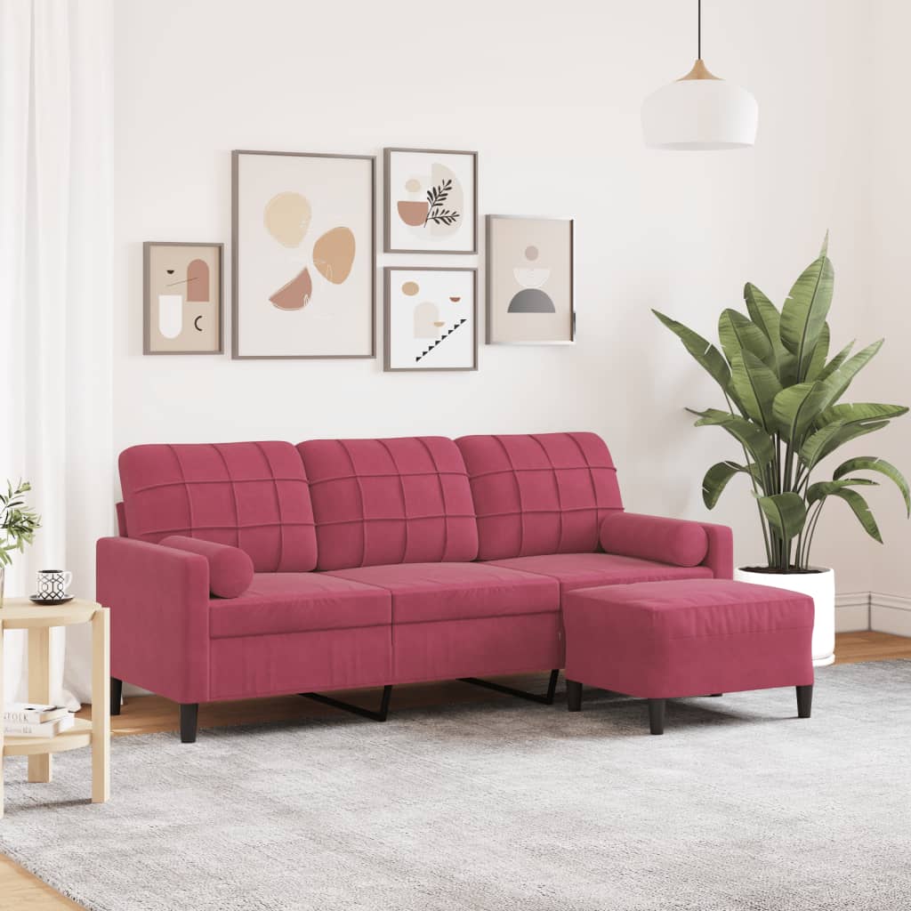 Canapé à 3 places et repose-pieds Rouge bordeaux 180 cm Velours - XIOS