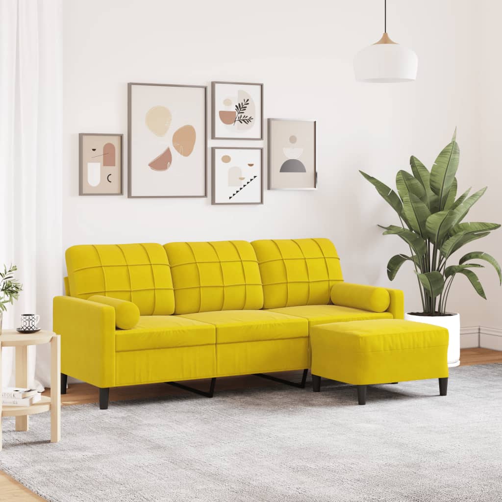 Canapé à 3 places avec repose-pieds jaune 180 cm velours - XIOS