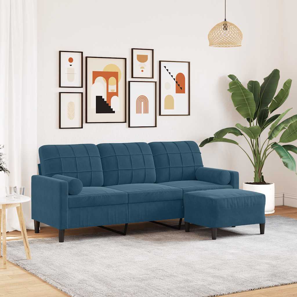 Canapé à 3 places avec repose-pieds Bleu 180 cm Velours - XIOS