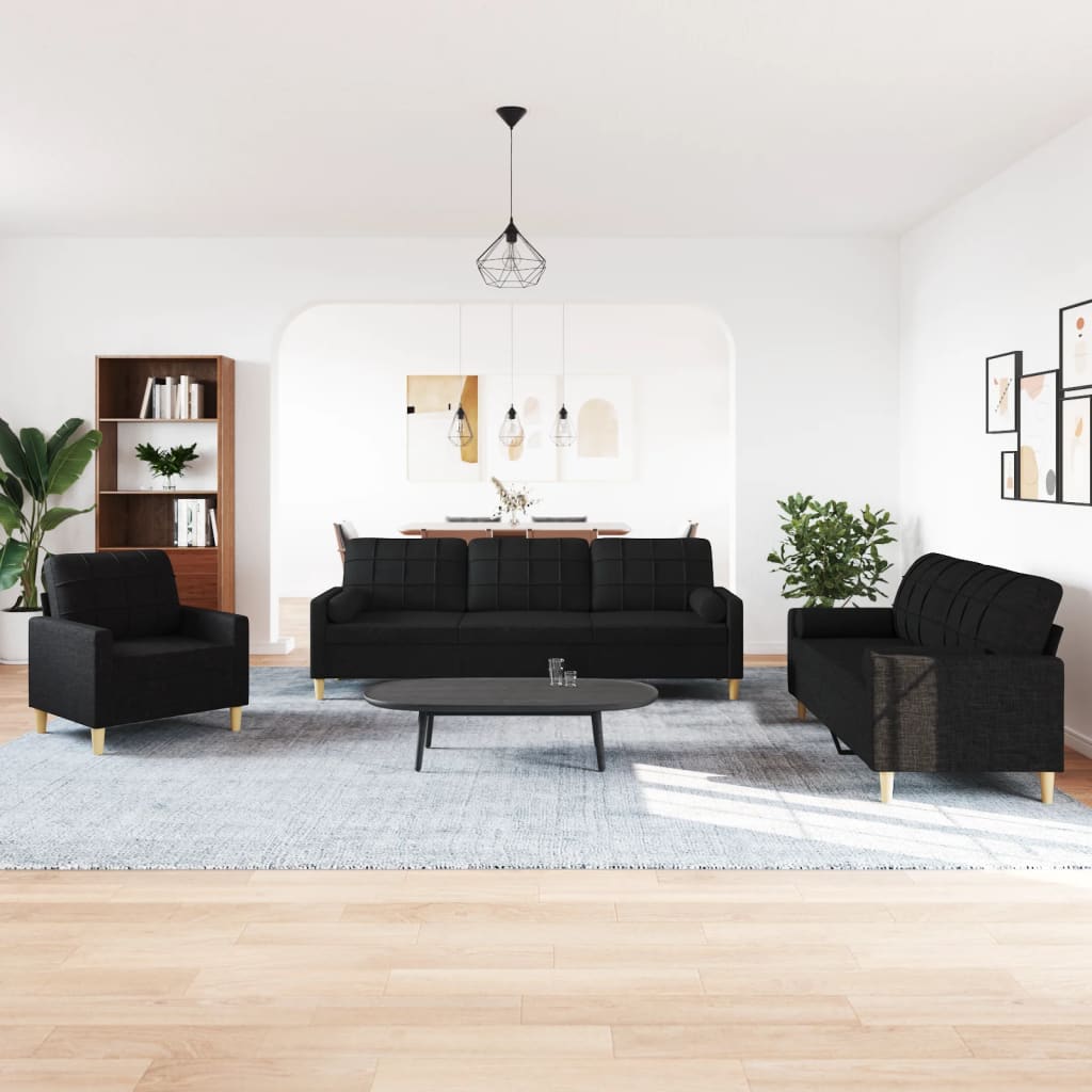 Ensemble de canapés 3 pcs avec coussins décoratifs noir tissu
