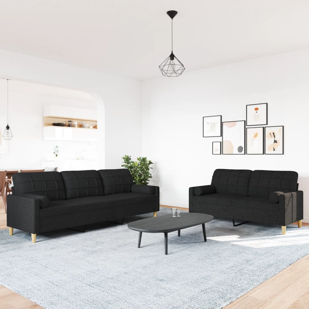 Ensemble de canapés 2 pcs avec coussins décoratifs noir tissu