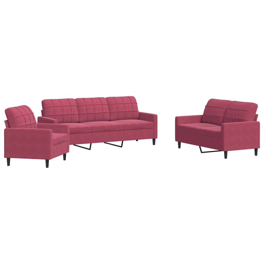 Ensemble de canapés 3 pcs avec coussins Rouge bordeaux Velours - XIOS