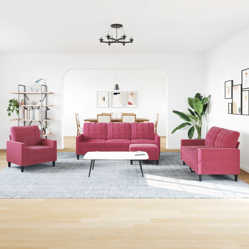 Ensemble de canapés 4 pcs avec coussins Rouge bordeaux Velours