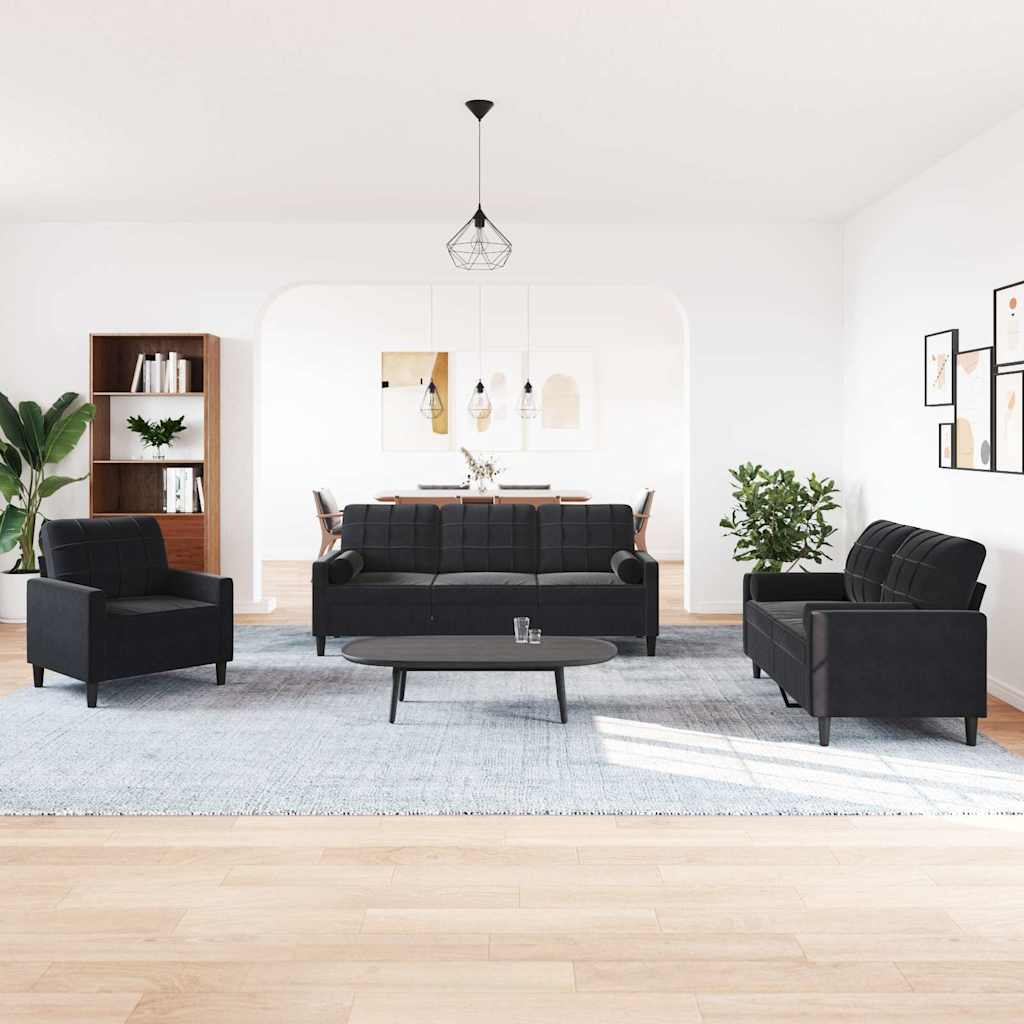 Ensemble de canapés 3pcs et coussins et traversins noir velours - XIOS
