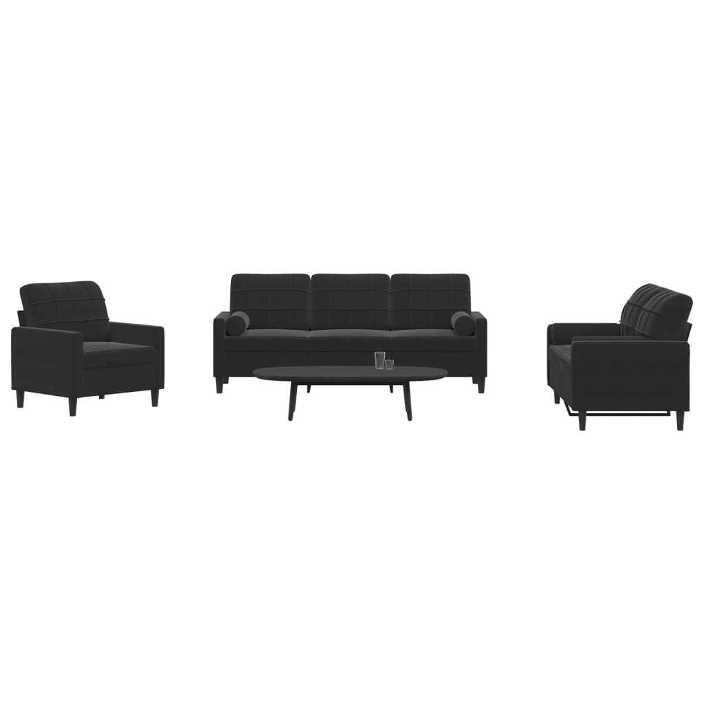 Ensemble de canapés 3pcs et coussins et traversins noir velours - XIOS