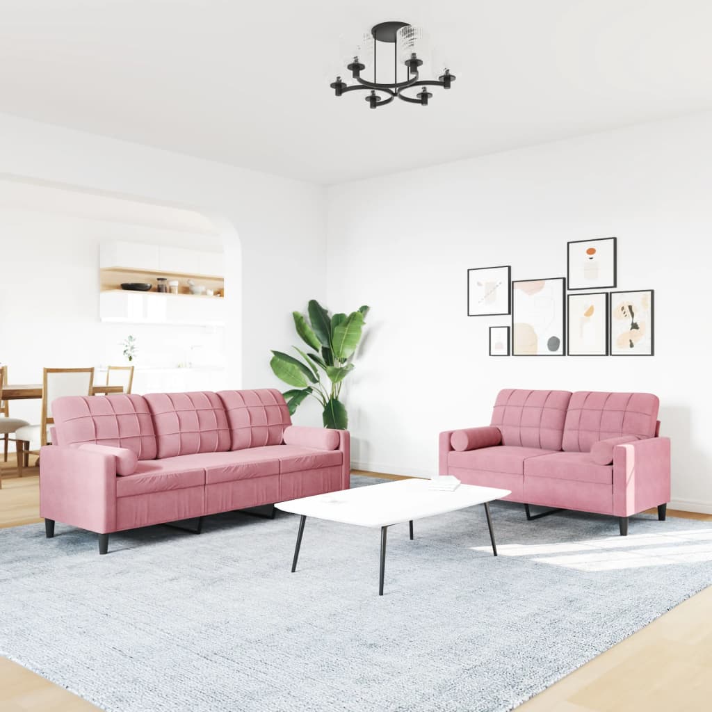 Ensemble de canapés 2pcs et coussins et traversins rose velours