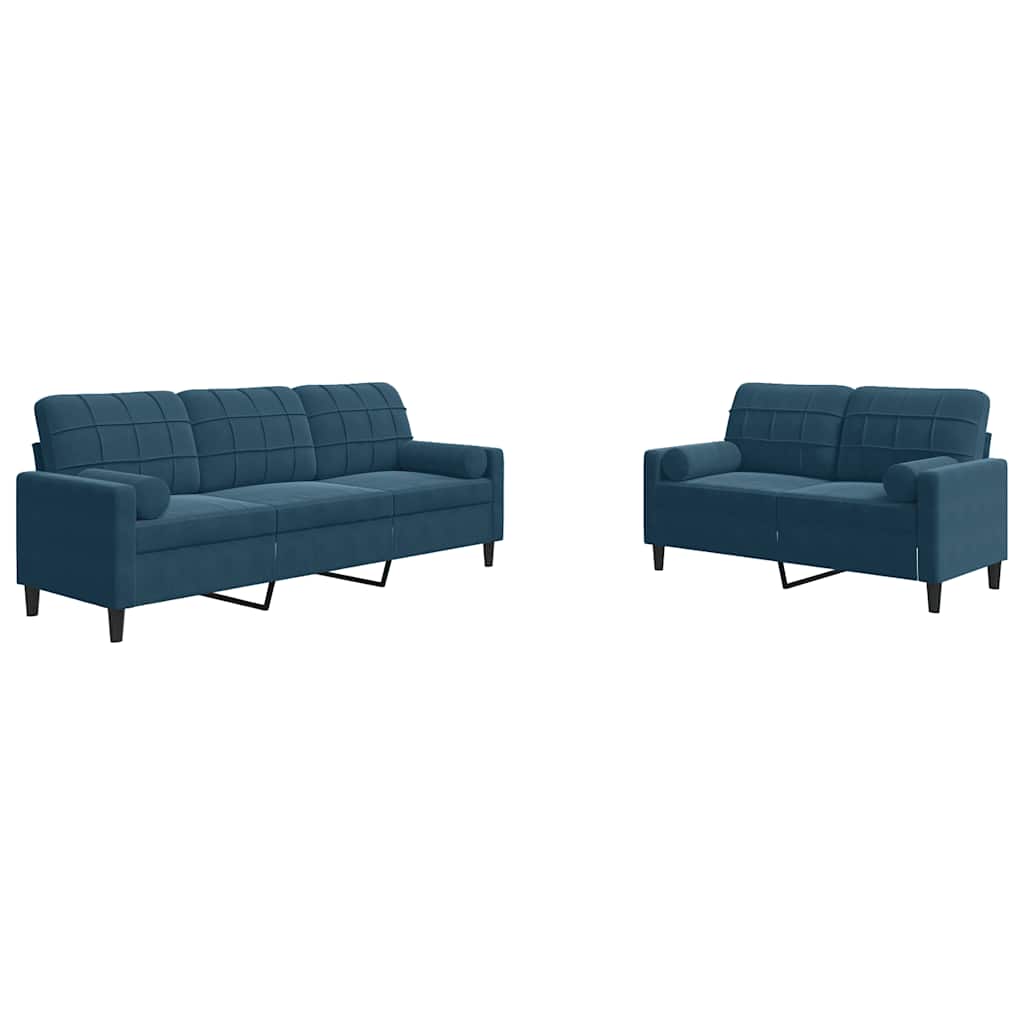 Ensemble de canapés 2pcs et coussins et traversins bleu velours